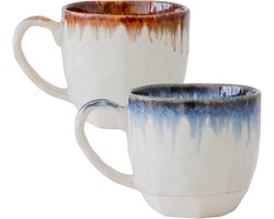 Keramische Theekopjes Set 290ml - Handgemaakt in Japan met Druppelglazuur Blauw & Bruin