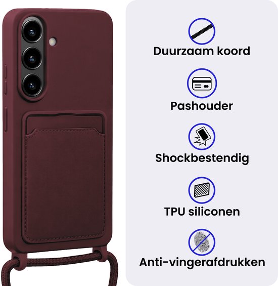 Bordeauxrode telefoonhoes met kaarthouder, koord en iconen voor duurzaamheid, kaarthouder, schokbestendigheid en anti-vingerafdrukken.