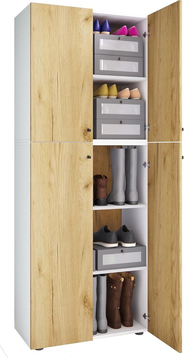 Houten kinderkledingkast met draaideuren - 70x184x40 cm - Eik wit/honing - Ruime opbergruimte met 5 vakken en verstelbare planken