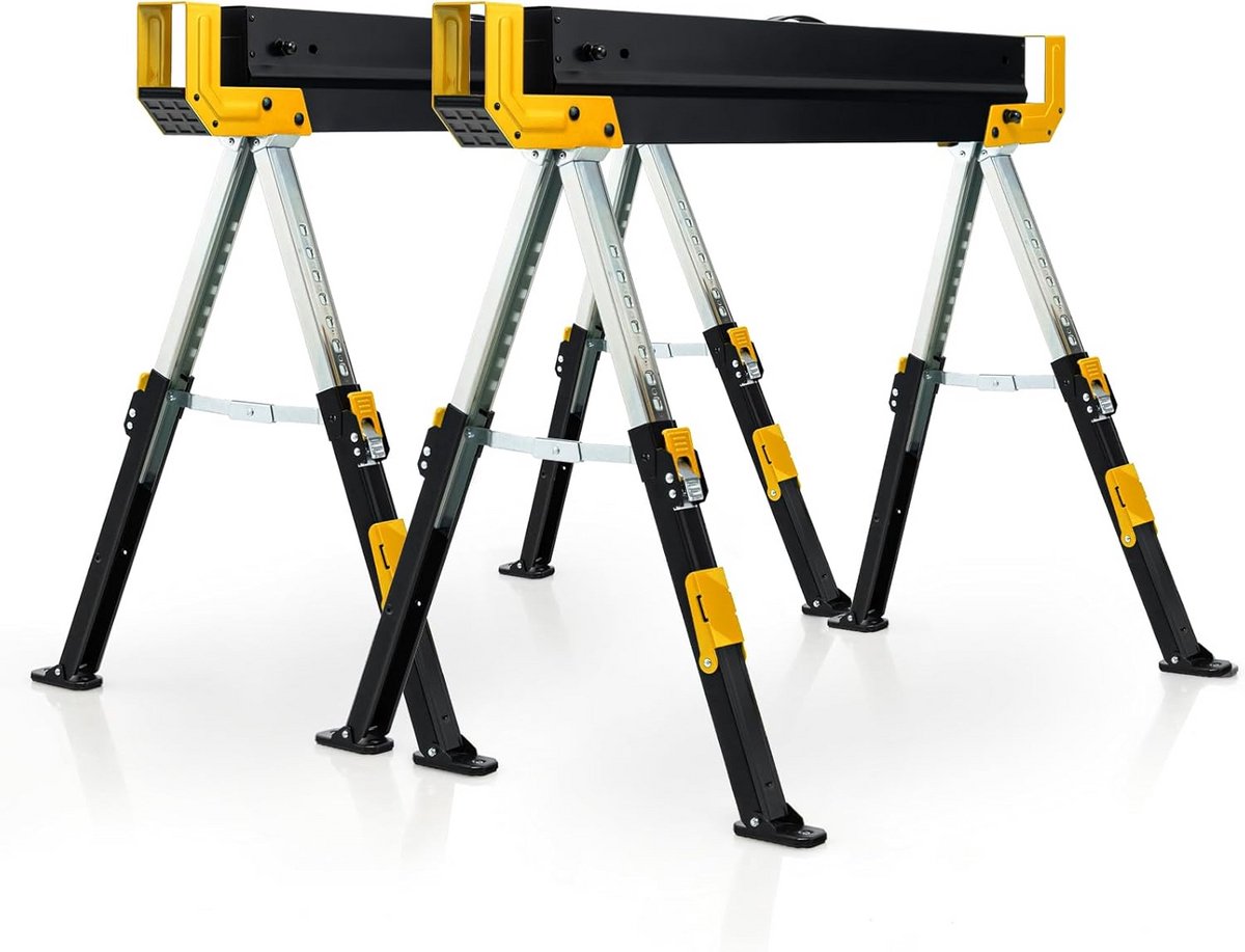 Set van 2 Inklapbare Werkbokken - Verstelbaar in 9 Stappen - Hoge Belastbaarheid - Antislip PVC - Geel/Zwart