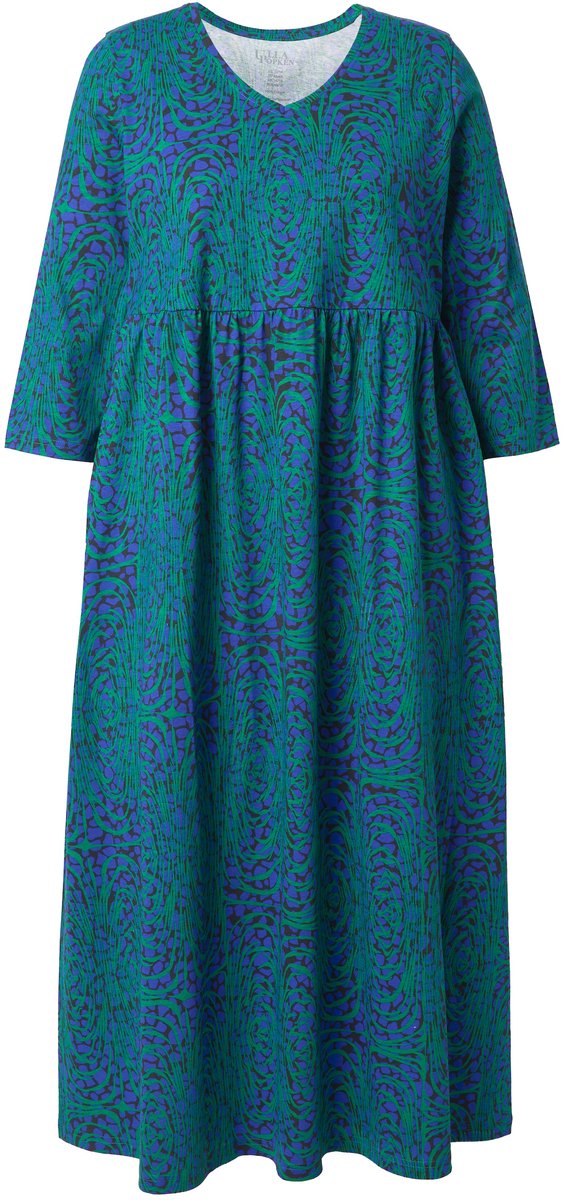 Ulla Popken Dames - Maxi-jurk dier A-lijn V-hals 3/4-mouwen - Azuurblauw - Maat 66+