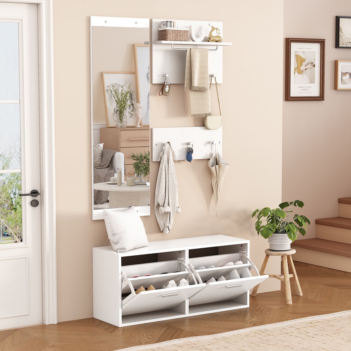 FloraGrace Kledingrek Set - 4 Delige Entreeoplossing Met Spiegel En Schoenenkast - Modern Voor Hal En Woonkamer - Spaanplaat - Wit - 90x30x41,5 Cm