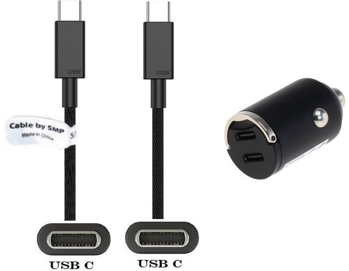 OneOne auto snellader met 2 poorten + 0,5m sterke USB C naar C kabel. 40W (2x 20W) lader. Autolader adapter past op Universeel Bang & Olufsen, Blackview, Beats, Boox (ONYX), Canon, DJI, Fuji FujiFilm, Gigaset, GoPro