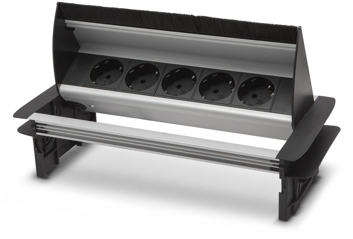 Inbouw Stekkerdoos voor Bureau - 5-voudig, Kindveilige Stopcontacten, Aluminium Behuizing, Inklapbaar, 3500W, 16A, 1,5m Kabel [20448]