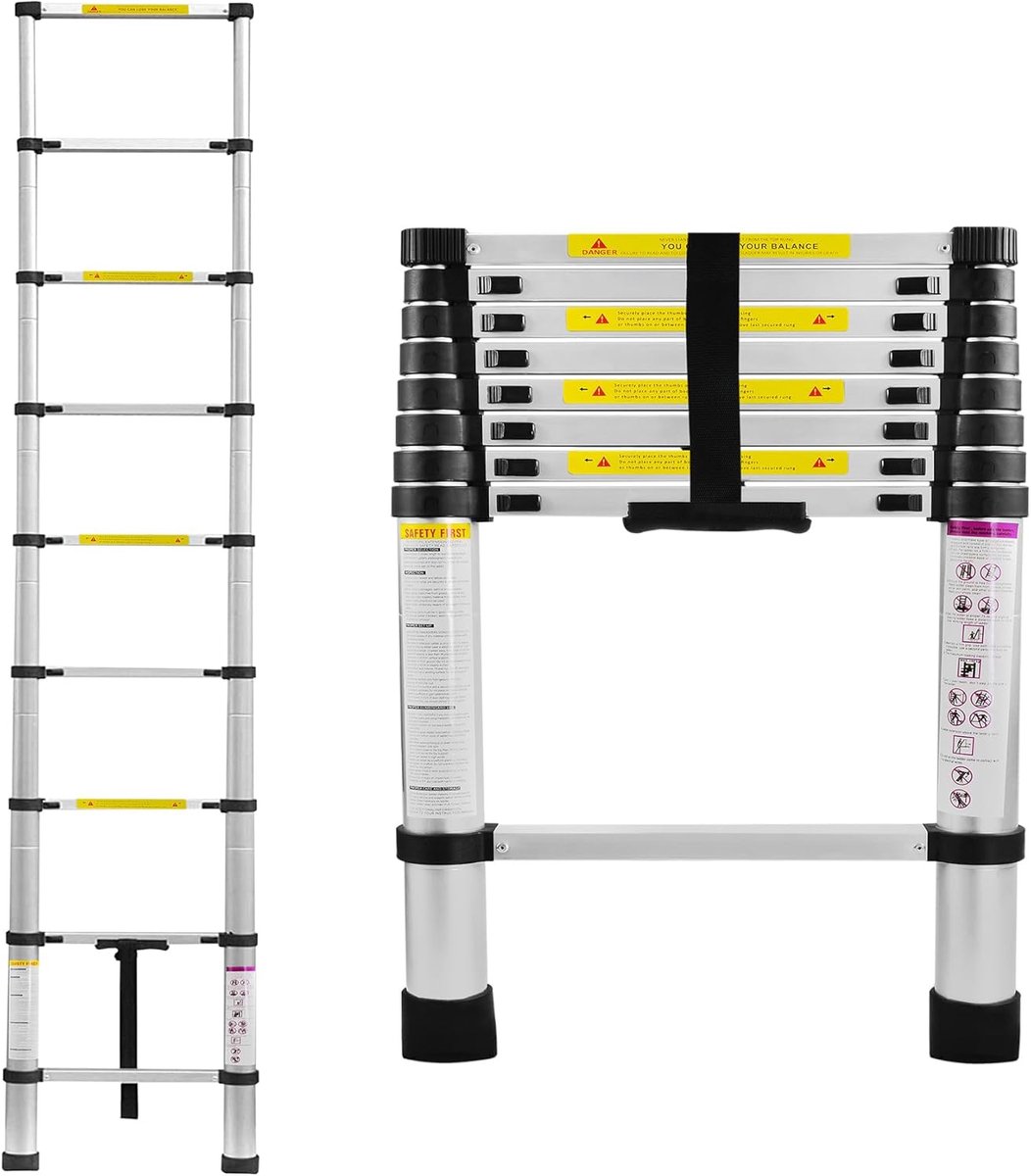 260cm Telescopische Ladder, Aluminium Uittrekbare Ladder, Multifunctionele Telescoopladder met 9-traps & Antislip Staande, Ladder Belastbaarheid 150KG, Zilver Inklapbare Ladders, NAIZY