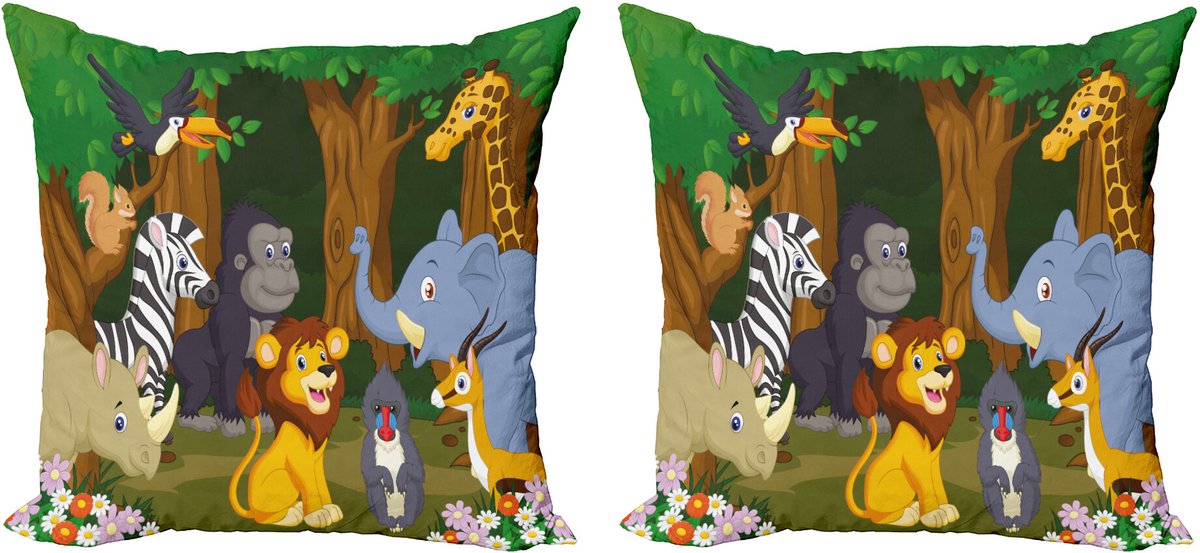 ABAKUHAUS Decoratieve kussenhoes met dierenprint, 2 stuks, cartoon olifant-leeuw, 40x40 cm, varen groenbruin