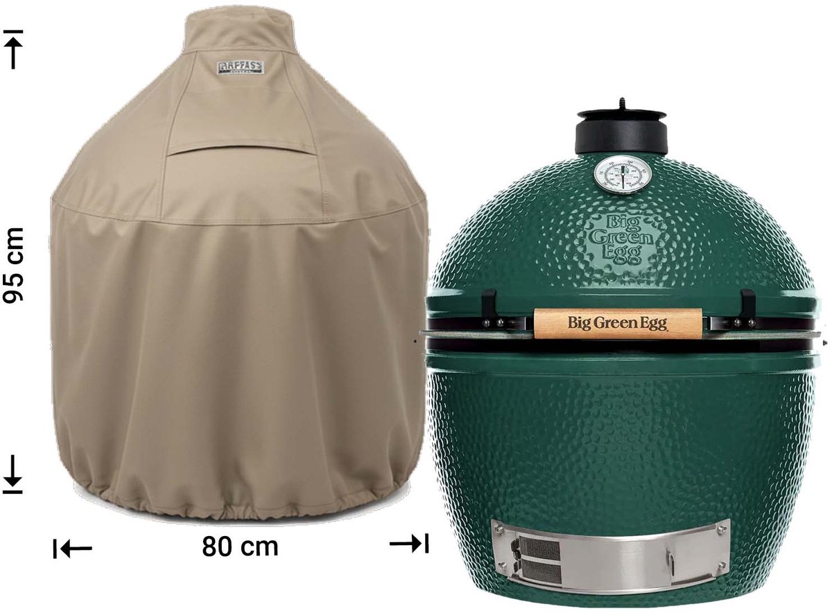 Raffles Covers Big Green Egg / Kamado hoes - 80 x 80 H: 95 cm - RBGE80 - Waterdicht - Ademend - UV-bestendig - Elastisch rijgkoord - Big Green Egg / Kamado Accessoires - Hoes voor BBQ + Tafel Taupe
