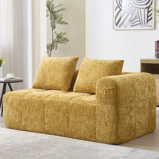 FloraGrace 2-Zits Zitbank 158 X 90 X 60 Cm - Chaise Longue Met Kussen En Zijvakken - Comfortabel Relaxen Thuis - Chenille - Geel
