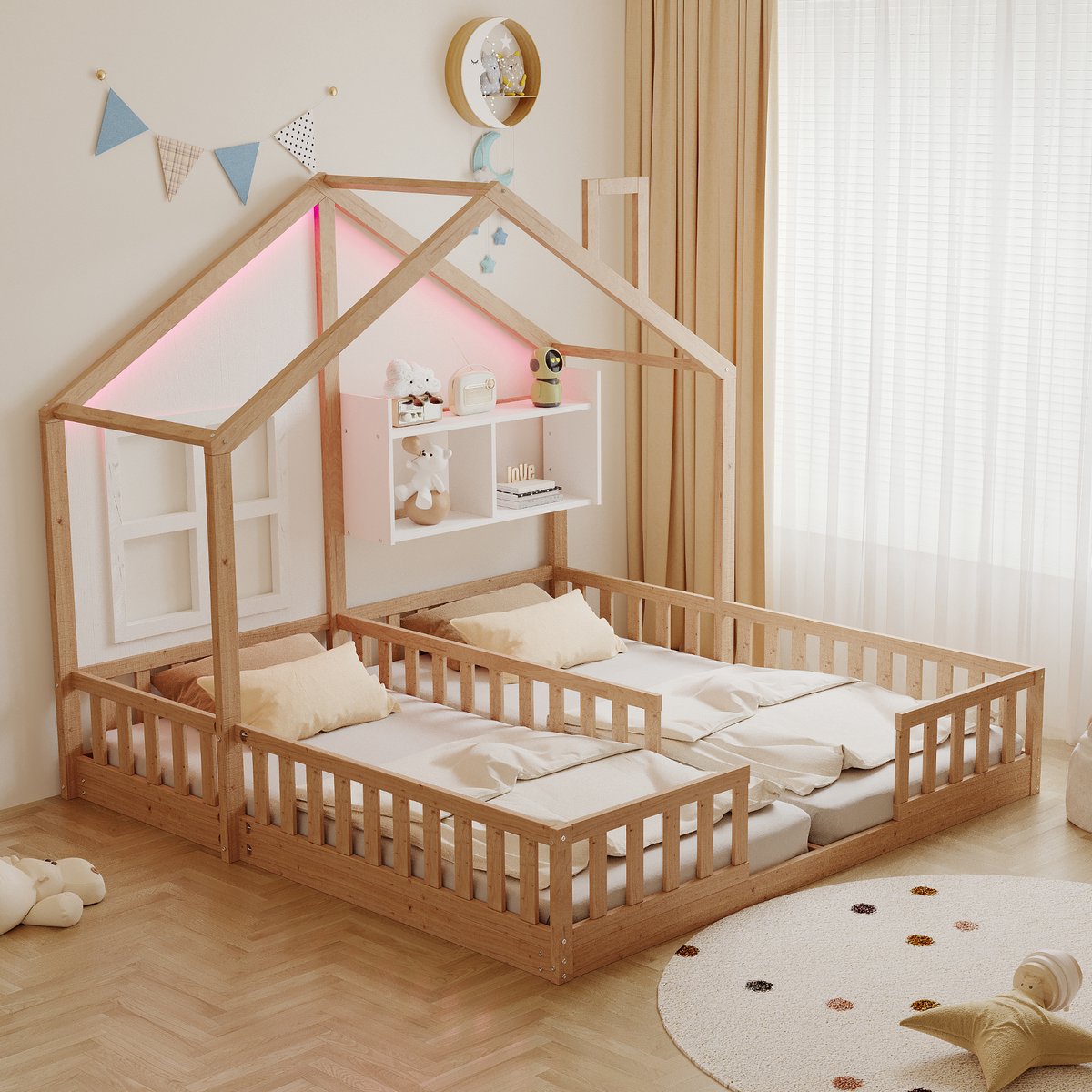 Clruro Kinderbed - 90x200 cm - Huisbed Met Ramen En Schoorsteen - LED En Veiligheidshek - Inclusief Lattenbodem - Naturel Natuurlijk Hout
