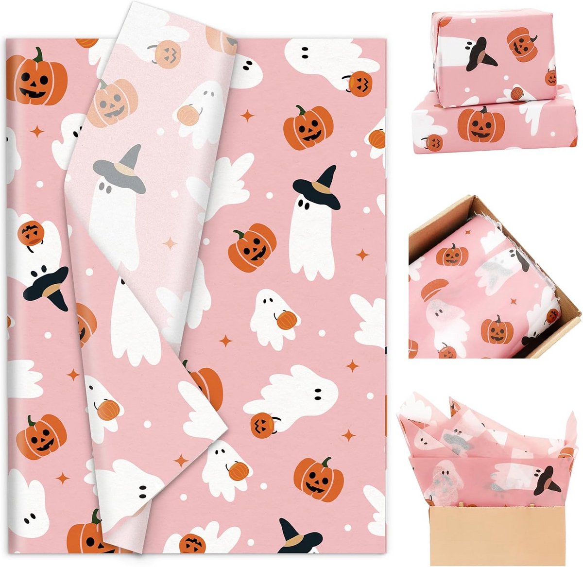100 Vel Roze Halloween Tissuepapier met Pompoen en Geest Decoratiepapier voor Cadeaus en Knutselen