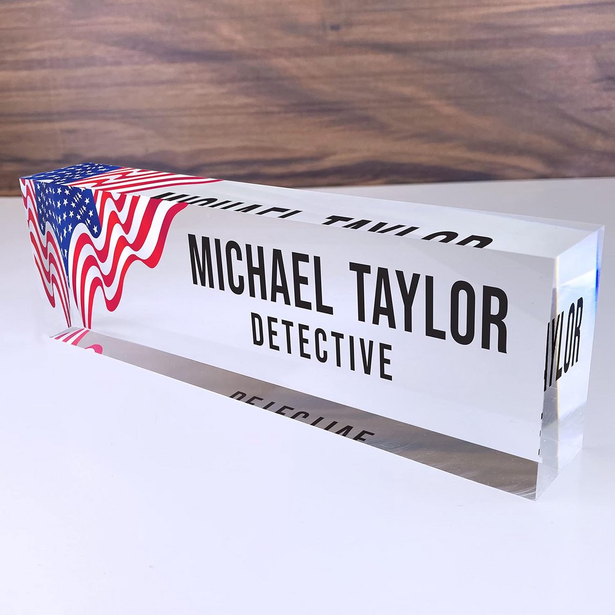 Gepersonaliseerd Naambordje voor Bureau met Amerikaanse Vlag in Acrylglas