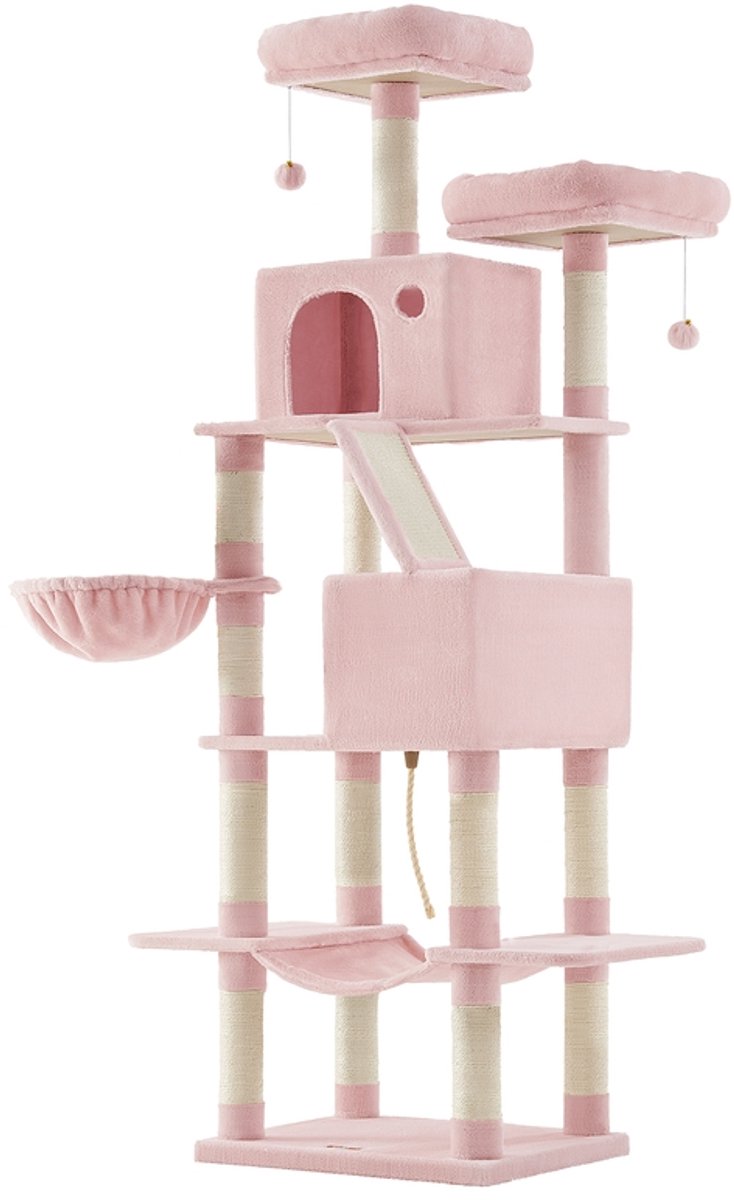 Grote krabpaal voor katten – Gemaakt van bewerkt hout – Rookgrijs/Lichtgrijs/Beige/Inktzwart/Crèmewit – 13 krabpalen, 2 zitplaatsen, hangmat
