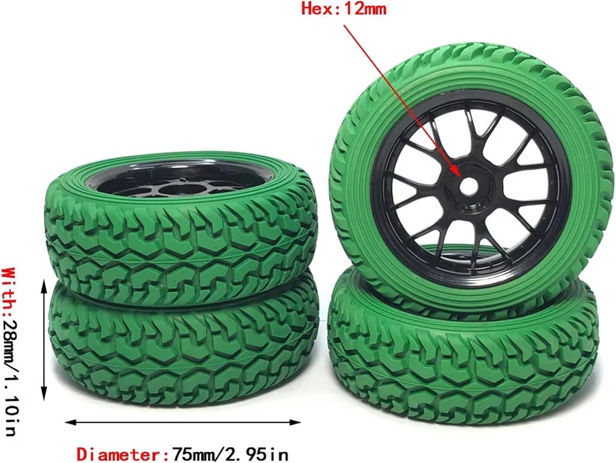 4x 75mm RC Auto Banden met Velgen - Rubberen 1/10 On Road Rallye Vervangingswielen