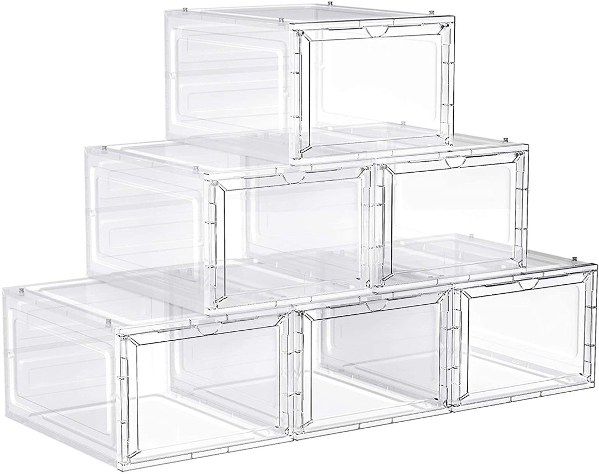 Schoenopbergers – Kunststof – Wit – Stapelbaar met transparante deuren, set van 6