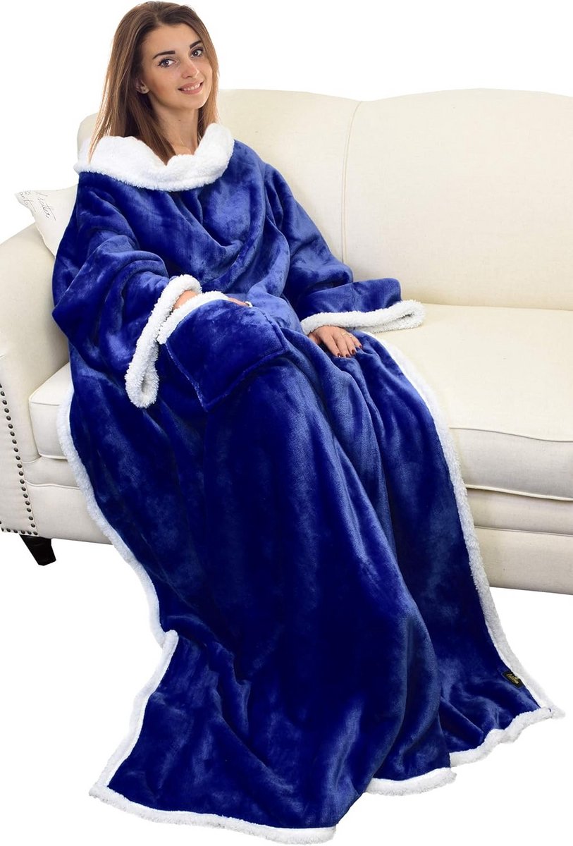 Extra Warme Deken met Mouwen en Voetenzak (185x140 cm) - Dubbelzijdig Fleece Sherpa | Blauw