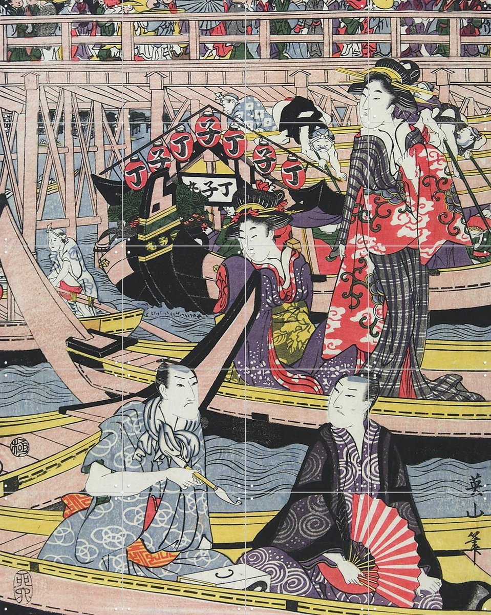 IXXI People enjoying Fireworks at Ryogoku Bridge, Kikuwa Eizan & Victoria and Albert Museum - 80 x 100 cm - Gratis ophangtool - Grote wanddecoratie en