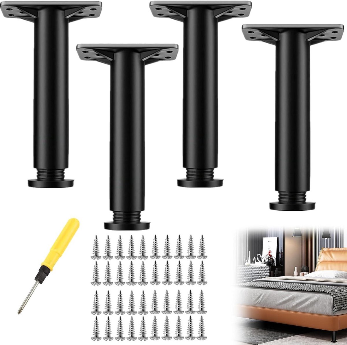 Verstelbare Zwarte Meubelpoten voor Kast, Bed en Sofa (4 stuks)