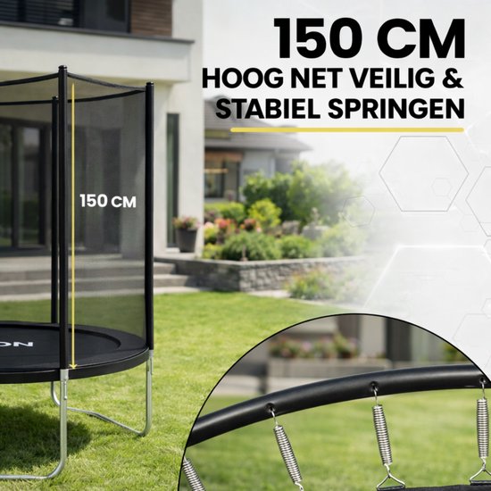 Zwarte trampoline met 150 cm hoog veiligheidsnet. Gedetailleerde close-up van de veren.