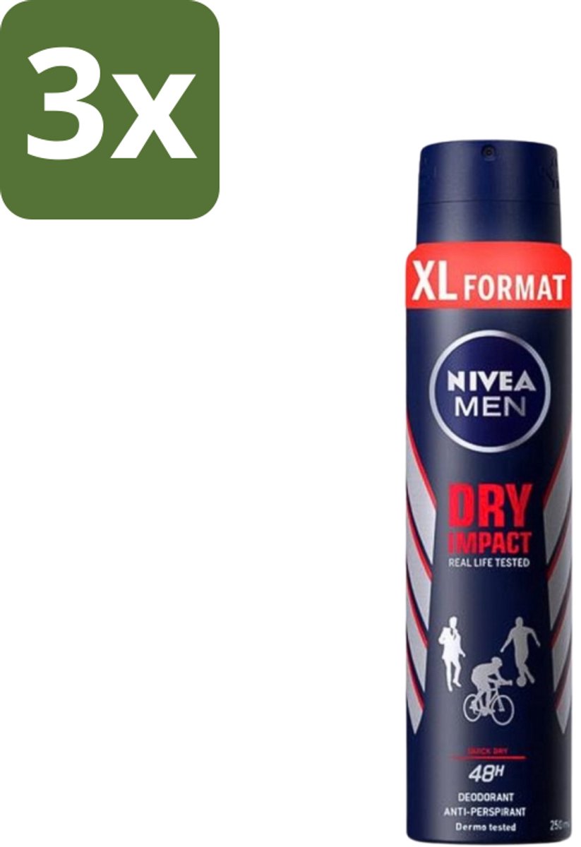 Nivea - Deospray - Men - Dry Impact - 48 Uur Lang Werkend - 250 ml - Bulkverpakking - 3 stuks