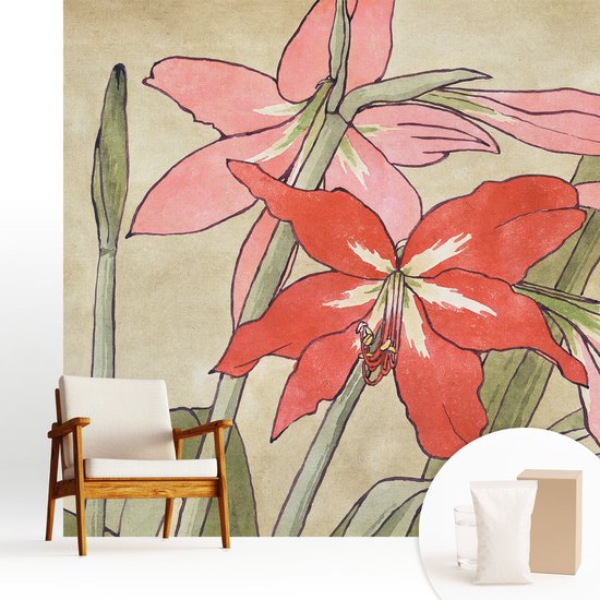 Wallfluent Behang - Dagbloem Muurbehang - 250x250 cm - Beige Behang - Voor liefhebbers van natuur en oosterse kunst - Behang Voor de woonkamer, slaapkamer en kantoor - Wandbekleding Bloemen en planten