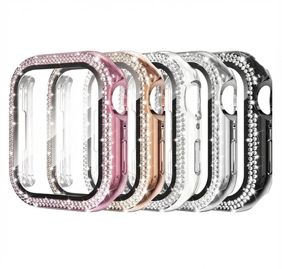 5 stuks Zwart transparant zilverkleurig roze en rosé goudkleurig smartwatch screenprotector met beschermhoes set geschikt voor Apple Watch 44 mm serie SE / 4 / 5 / 6 PC case met dubbele rij strass steentjes