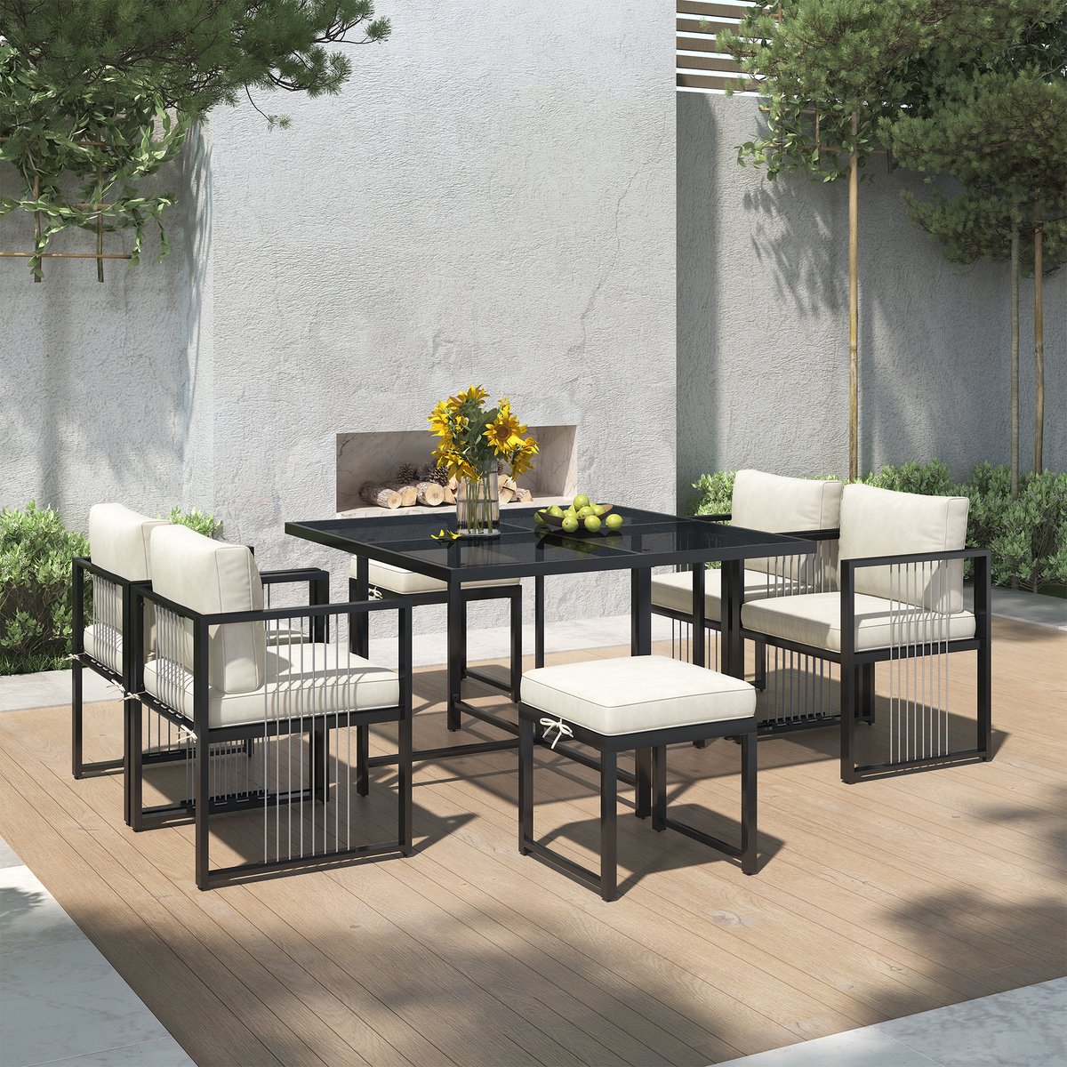 OKWISH Tuin Eettafelset 117x117 Cm - 7 Delige Set Met 4 Stoelen En 2 Voetenbanken - Weerbestendig - Gehard Glas - Zwart Wit