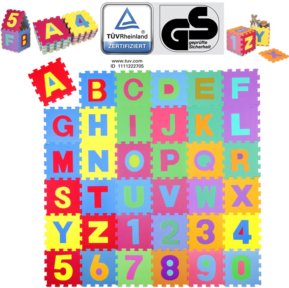 KIDUKU® 86-delige puzzelmat kinderspeelkleed speelmat speeltapijt schuimmat kinderkleed, cijfers en hoofdletters, afmetingen van elk stuk ca. 31,5 x 31,5 cm
