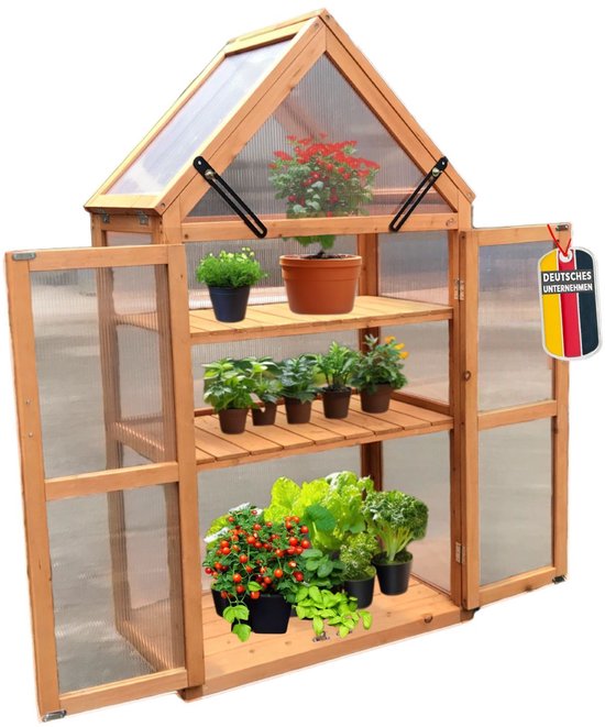 Coemo Jan houten kas – Stijlvol design, 65 x 40 x 120 cm, scharnierende deuren en dak, winterbestendige kas – Weerbestendige plantenkas voor kruiden, tomaten en zaailingen, bruin