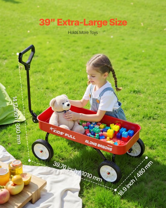 VEVOR Bolderwagen voor Kinderen Vanaf 18 Maanden, 1010x480x360 MM, Transportwagen met Een Laadvermogen Tot 80 KG, Handkar met Handvat, Ideaal Als Verjaardagscadeau voor Tuinieren, Strand en Kamperen, Rood van Merkloos — afbeelding 4