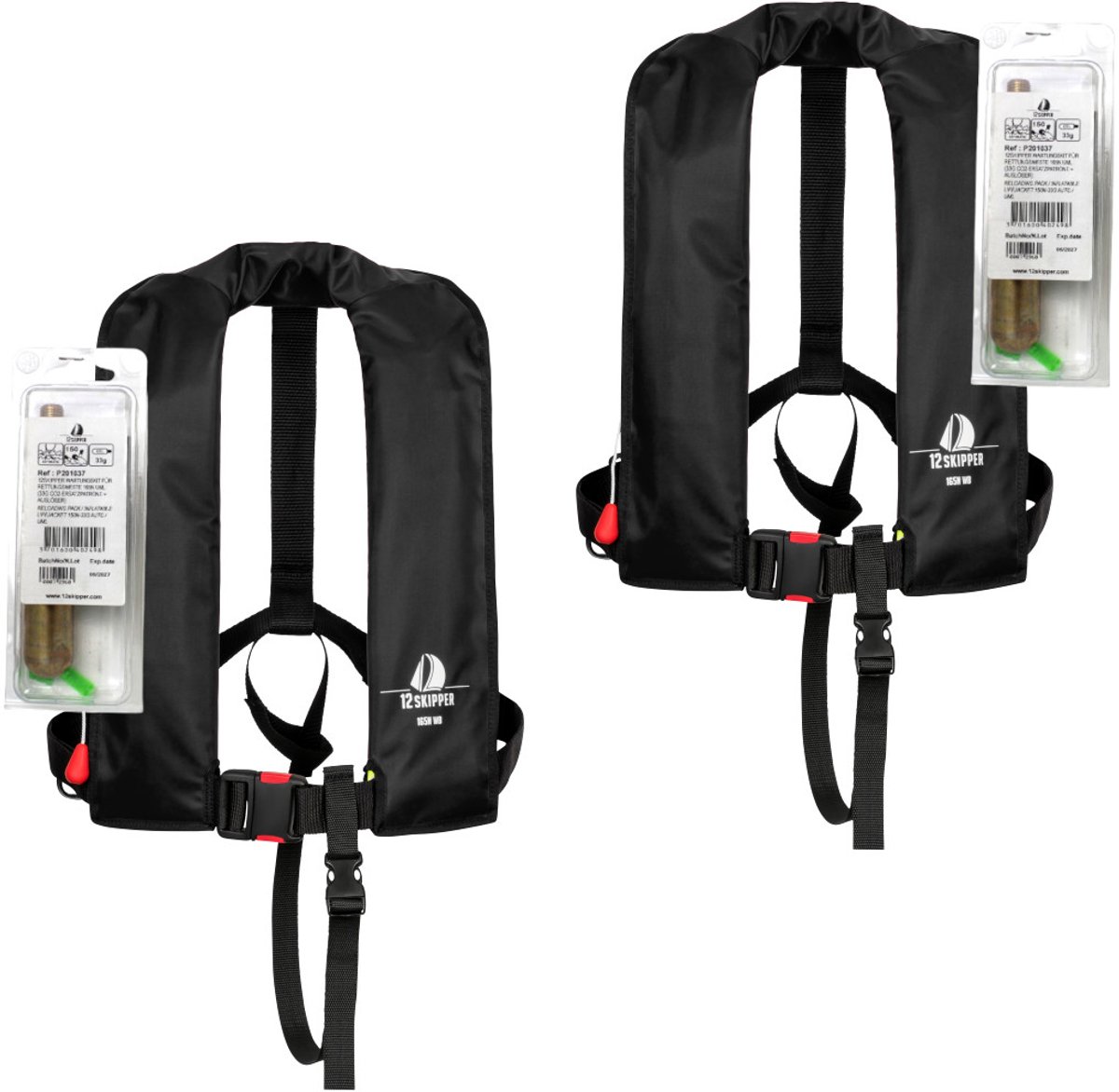 Set van 2: 12skipper automatisch reddingsvest 165N ISO, zwart, en herlaadset