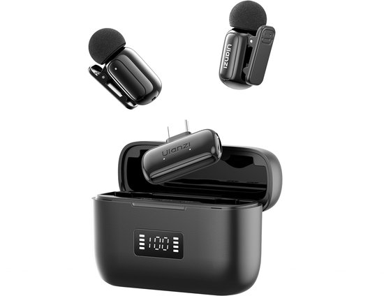Ulanzi A200 Mini Mic Ensemble de microphones sans fil - Pour Smartphone & Tablette avec USB-C - Avec 2 Émetteurs et Boîte de Recharge - Conception très légère et compacte - Microphone de téléphone sans fil - Noir