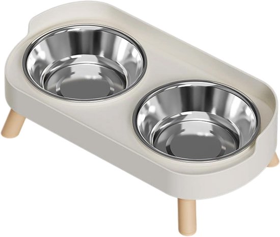 Voerbak - Verhoogde Voerbak voor Huisdieren – Dubbele Roestvrijstalen Voerbakken met Standaard – Spatbestendige – Verhoogde schalen – Voor voer en Water – Geschikt voor Katten – Honden – Kittens en Puppy'sa – Wit
