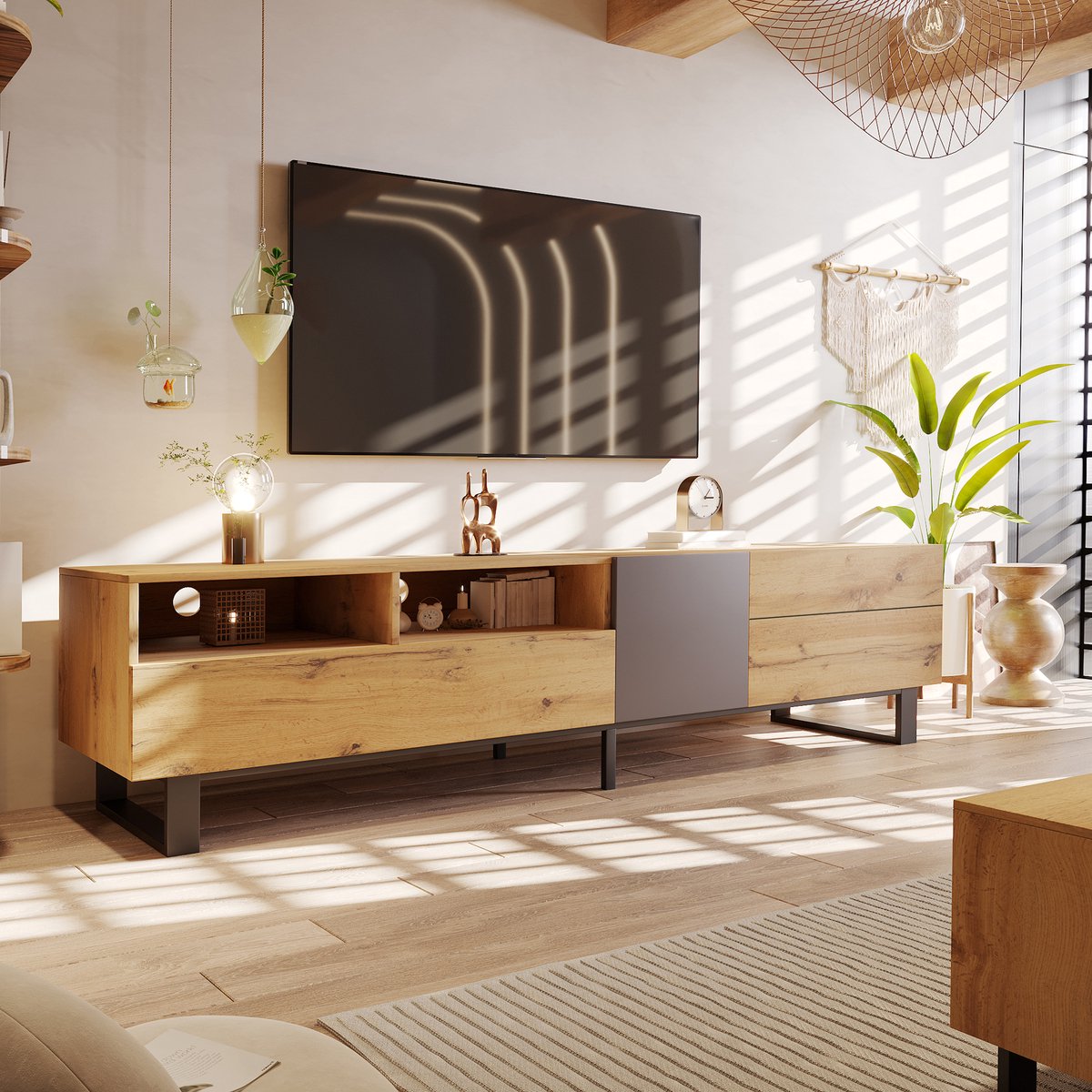 Moderne tv-kast met kleurvlakken en houtnerfmotief-180 cm