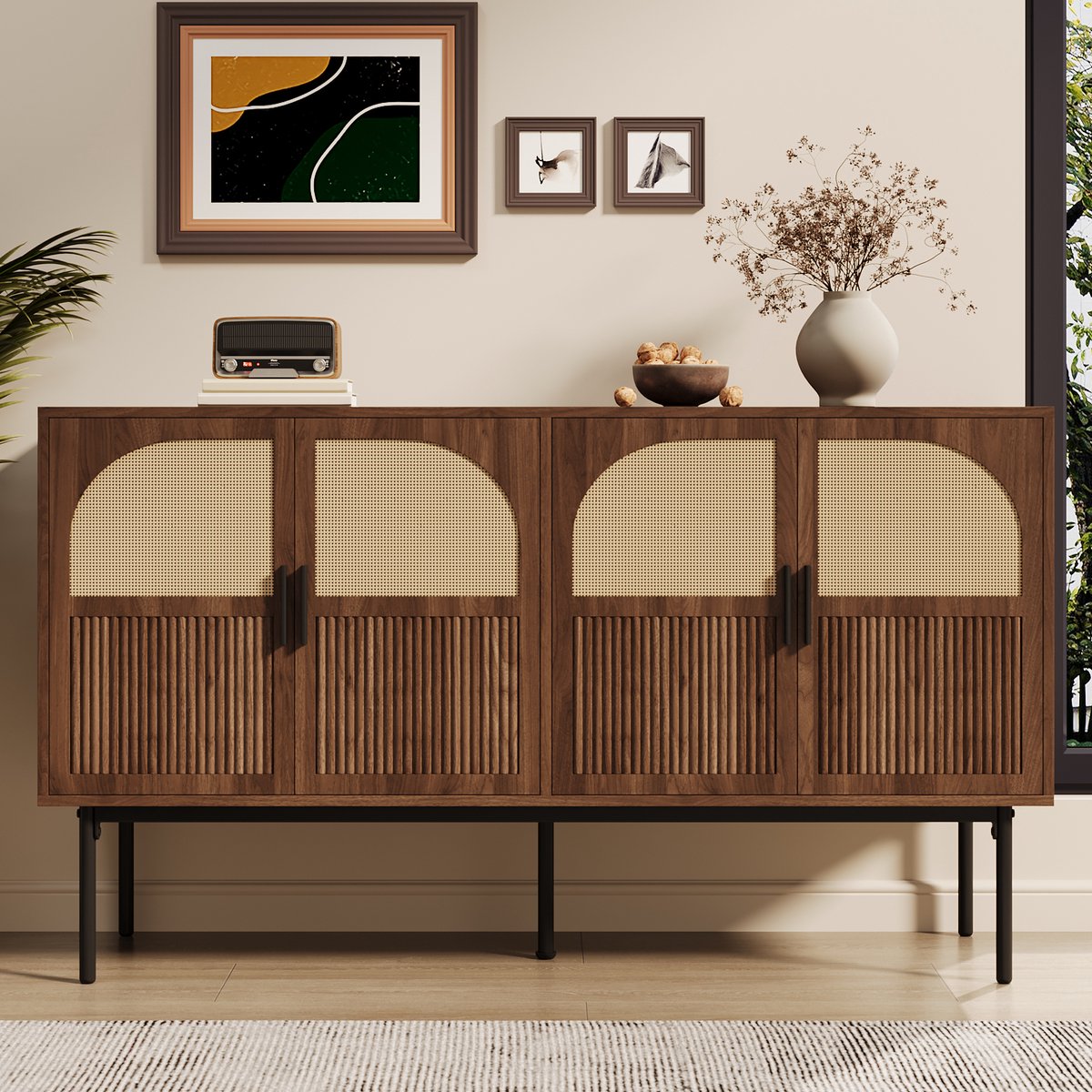 REDOM Dressoir - 4 Deuren - Retro - Voor Woonkamer Of Hal - MDF Met Rotanlook En Walnootlook - Naturel - 140 X 40 X 80 Cm Natuurlijk