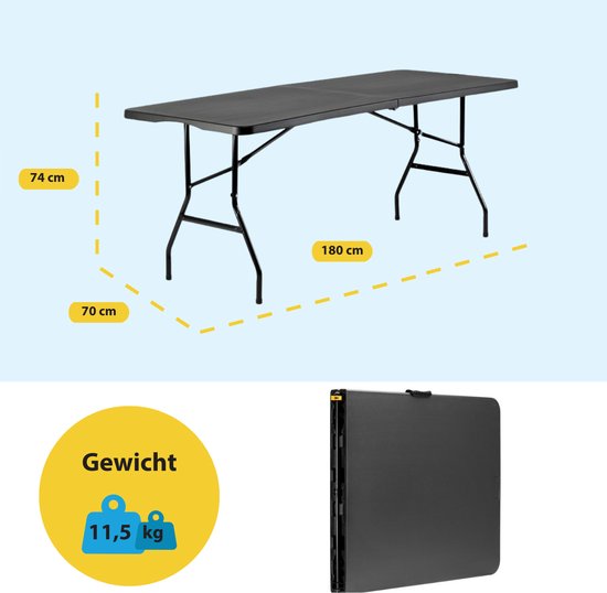 BRASQ Inklapbare Vouwtafel Zwart - 180x70x74cm- Campingtafel - Klaptafel - Weerbestendig - Tafel met draaghandvat van Merkloos — afbeelding 3