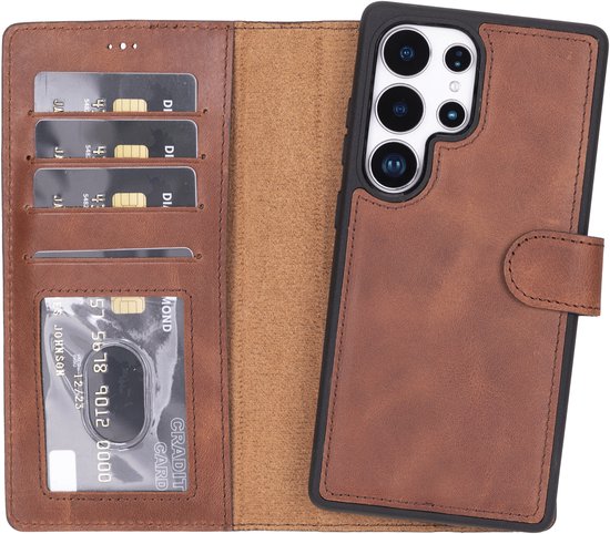 Étui Samsung Galaxy S26 Ultra Lykke - Véritable Housse Portefeuille en Cuir avec MagSafe - Porte-Cartes - Backcover Amovible - Marron