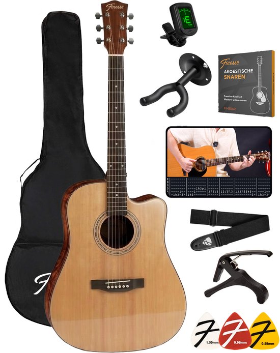 Finesse Guitare Acoustique Premium - avec Cours Vidéo - 4/4 41" - Épicéa Massif - Guitare Western - Guitare Enfant & Adultes - Noir