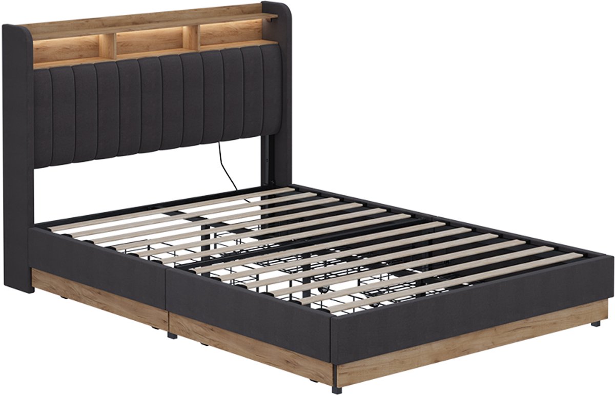 vitalispa Nura Gestoffeerd bed – met 4 laden Antraciet/eiken