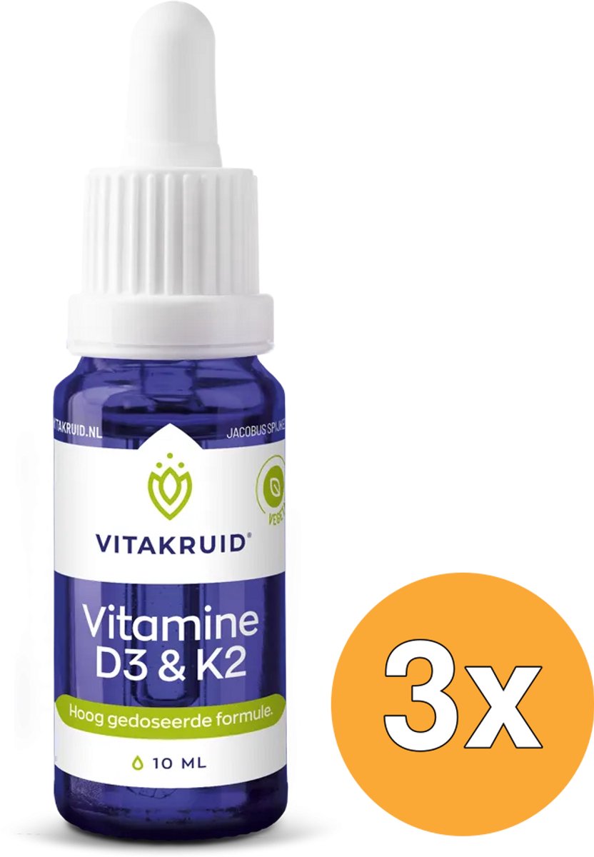 3x Vitakruid Vitamine D3 & K2 (MenaQ7®) met Druppelpipet (10 ml)