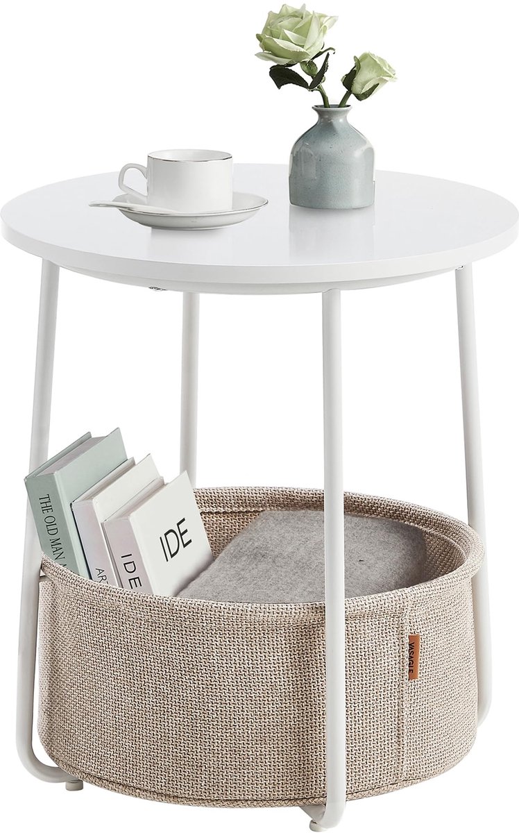 Sierra Bijzettafel, LET223W10 Bijzettafel, ronde bijzettafel met stoffen mand, ruim, voor woonkamer, slaapkamer, nachtkastje, moderne stijl, wit en beige