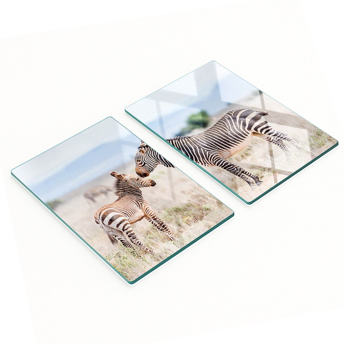 Set van twee decoratieve glazen keukenplanken met zebra- en bergmotief, 2x40x52 cm
