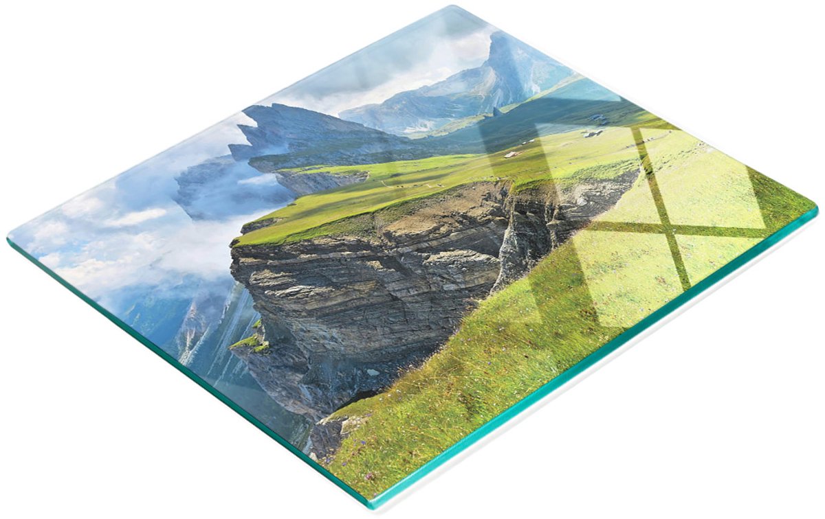 Decoratieve glazen keukensnijplank met bergmotief, 60x52 cm