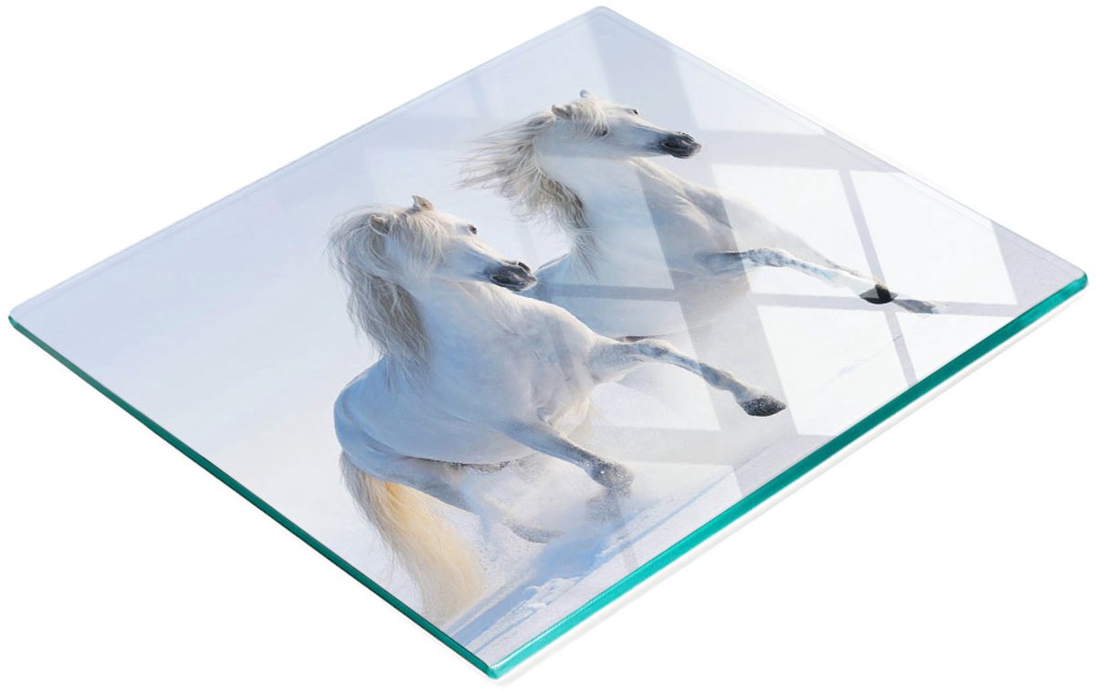 Multifunctionele decoratieve glazen keukenplank met twee sneeuwpaarden, 60x52 cm