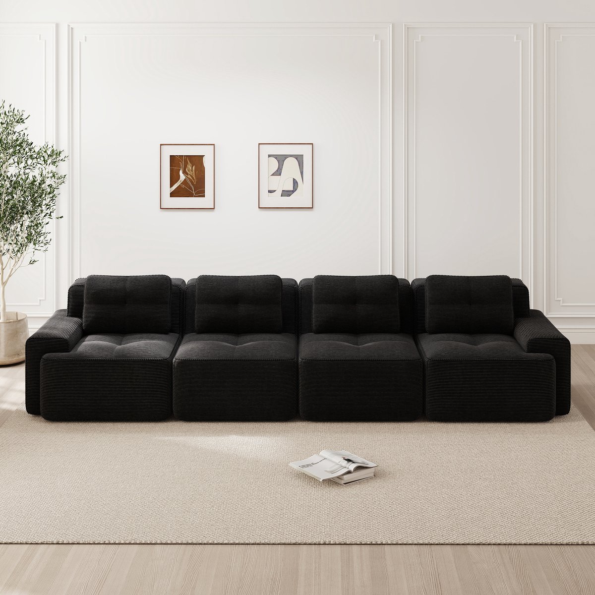 MODFU Modulaire Bank - Diepe Zitting En Antislip - Minimalistisch - Woonkamer - Ribstof - Zwart