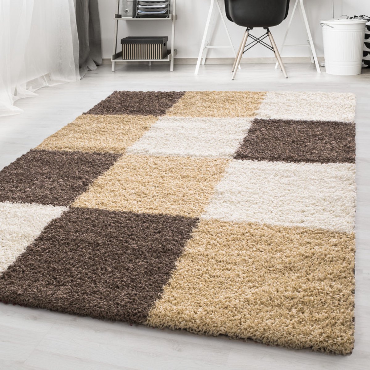 Muratap Basic Shaggy Geblokt vloerkleed Bruin / Beige Hoogpolig- 200x290 CM