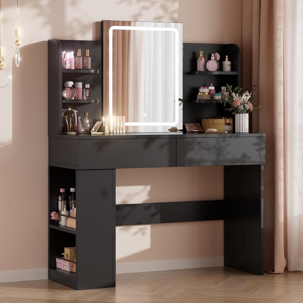 Moderne Kaptafel met Spiegel en Verlichting - 108 x 40 cm Dimbaar Licht, 2 Laden, Diverse Kleuren, voor Slaapkamer en Woonkamer