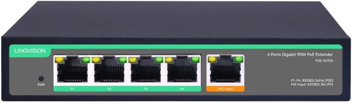 4-Poorten Gigabit PoE Passthrough Switch en Extender met 90W Ingang - Ideaal voor IP Cameras en Telefoons