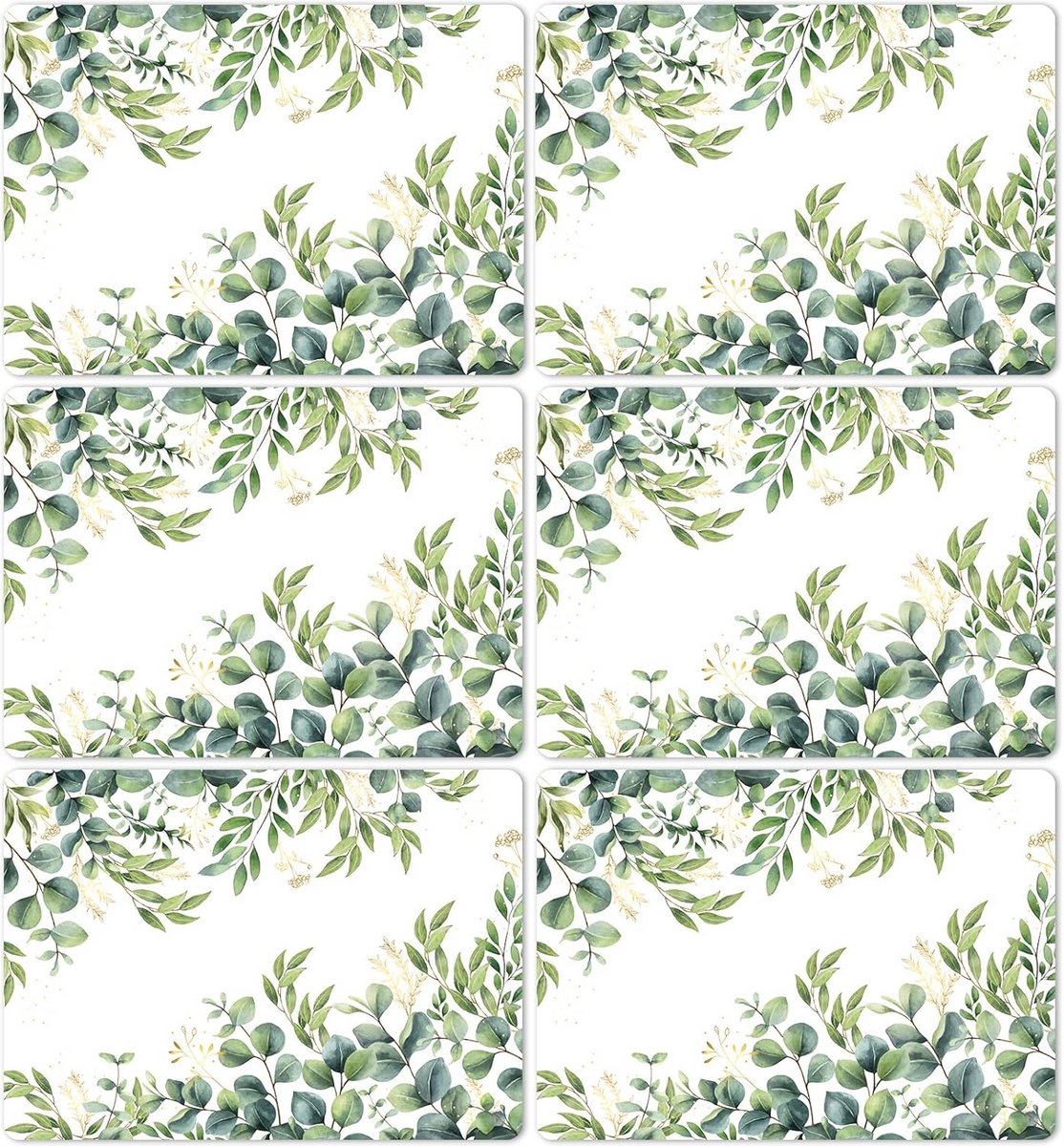 Set van 6 Groene Placemats met Eucalyptus Bladeren, Landhuisstijl voor Binnen en Buiten