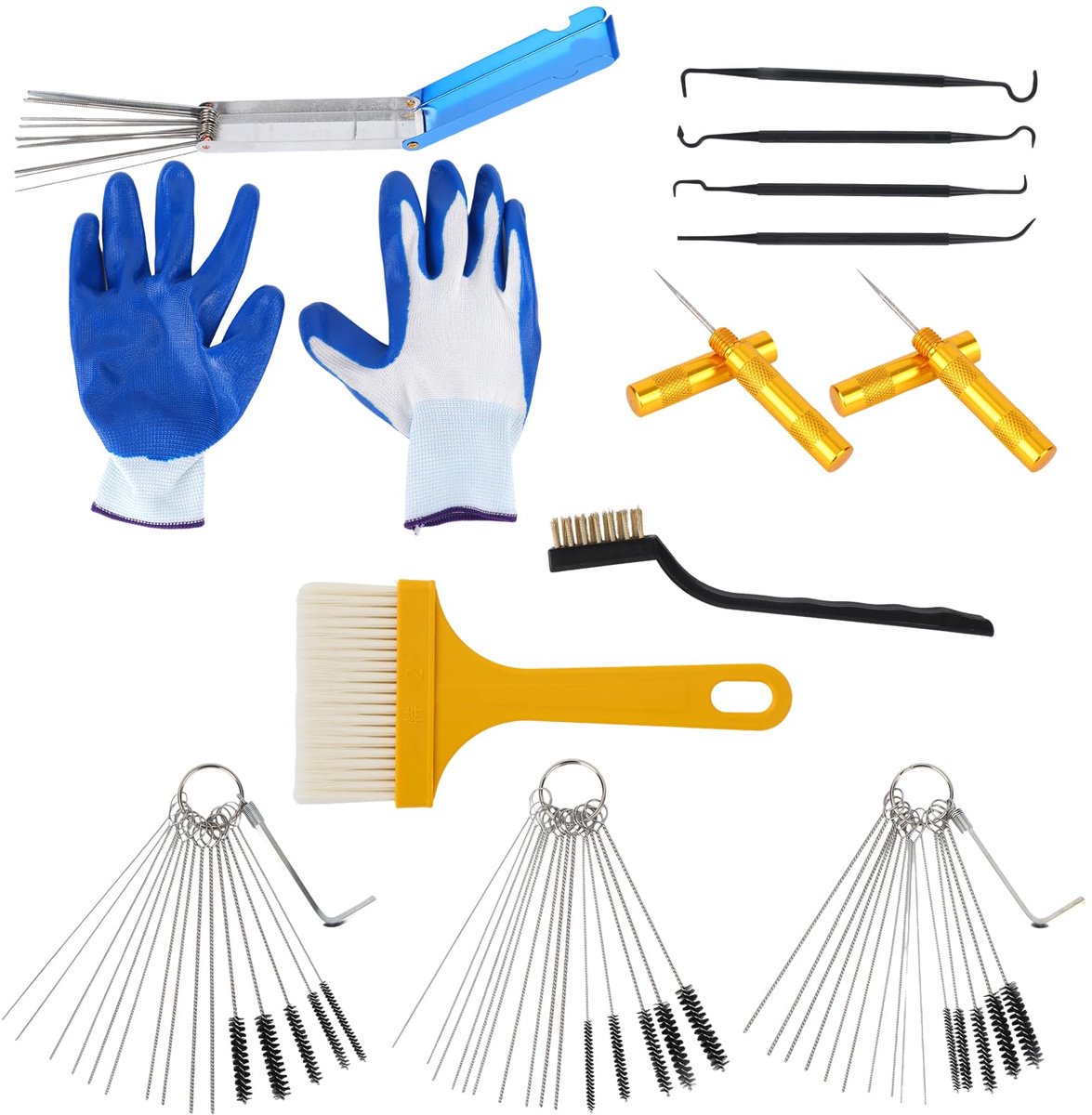 Carburateur Reinigingskit - Complete Set met 15 Nylon Borstels, 30 Reinigingsnaalden en 2 Hex Sleutels