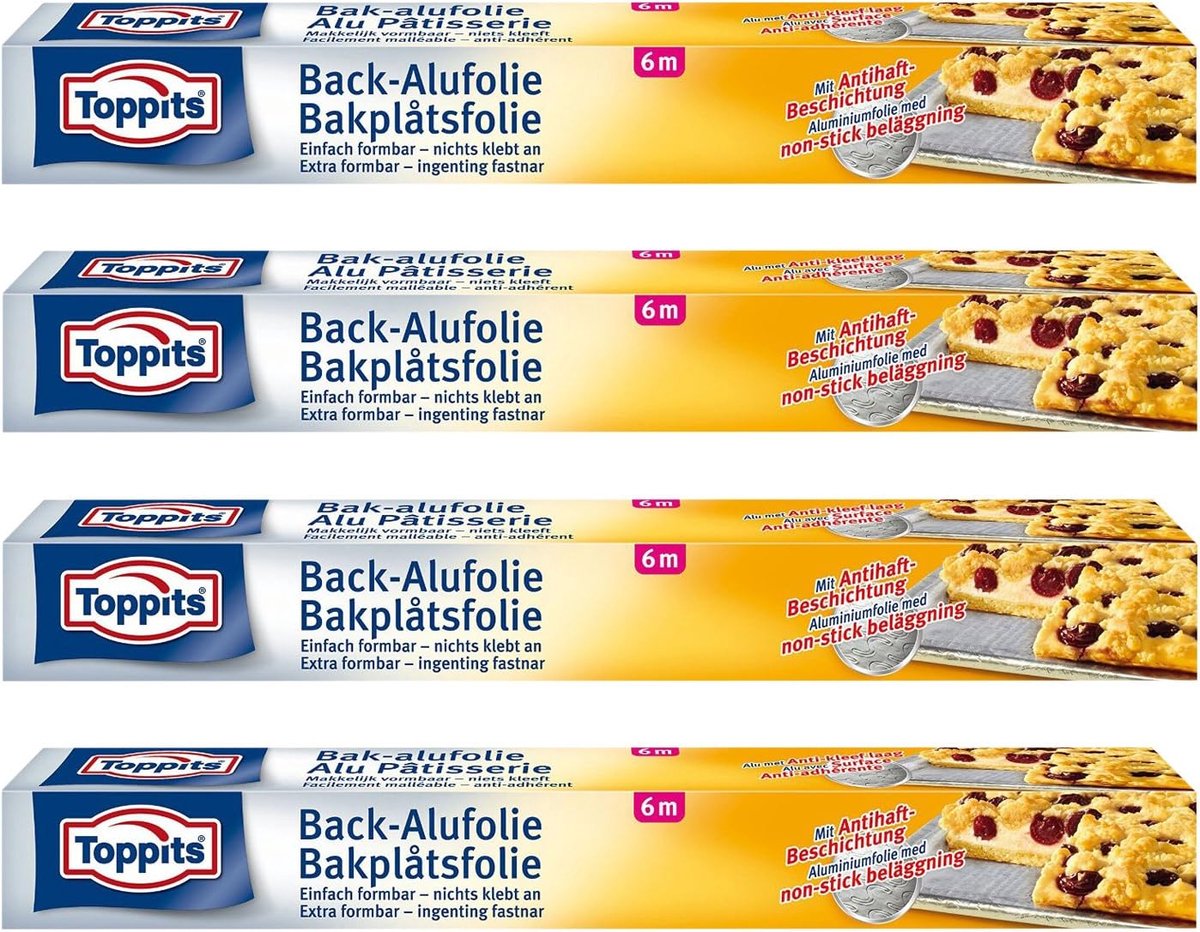Back-aluminiumfolie Toppits 6 meter x 37cm 4-pack - voedsel bewaren, keuken benodigdheden